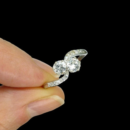 Antique Edwardian old cut natural diamond Toi et Moi ring - 18ct Platinum - 0.60ct c1910s