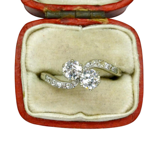 Antique Edwardian old cut natural diamond Toi et Moi ring - 18ct Platinum - 0.60ct c1910s