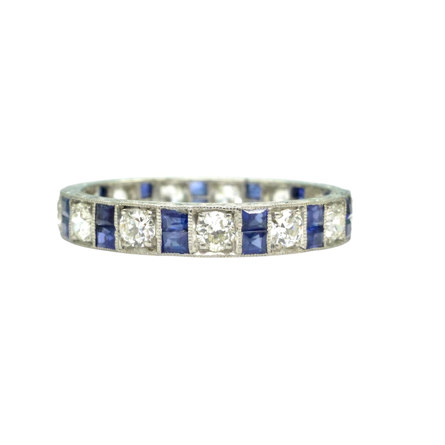 Antique Platinum old cut Diamond 1.30 carat & sapphire engraved full eternity wedding band 1920s.