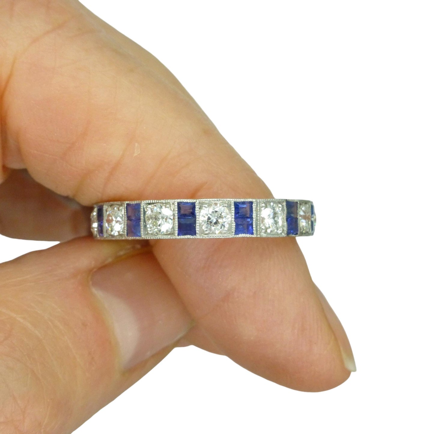 Antique Platinum old cut Diamond 1.30 carat & sapphire engraved full eternity wedding band 1920s.