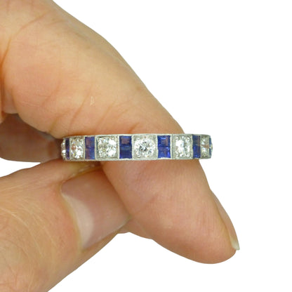 Antique Platinum old cut Diamond 1.30 carat & sapphire engraved full eternity wedding band 1920s.