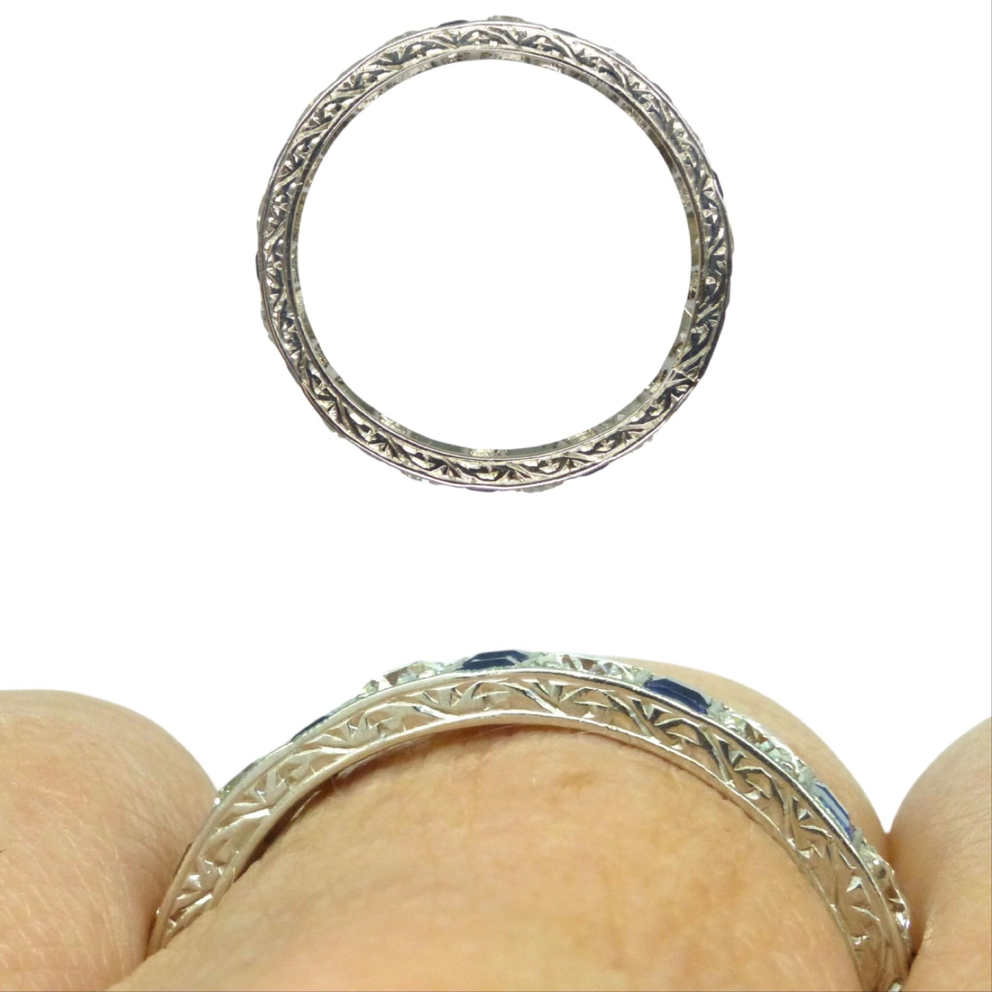 Antique Platinum old cut Diamond 1.30 carat & sapphire engraved full eternity wedding band 1920s.