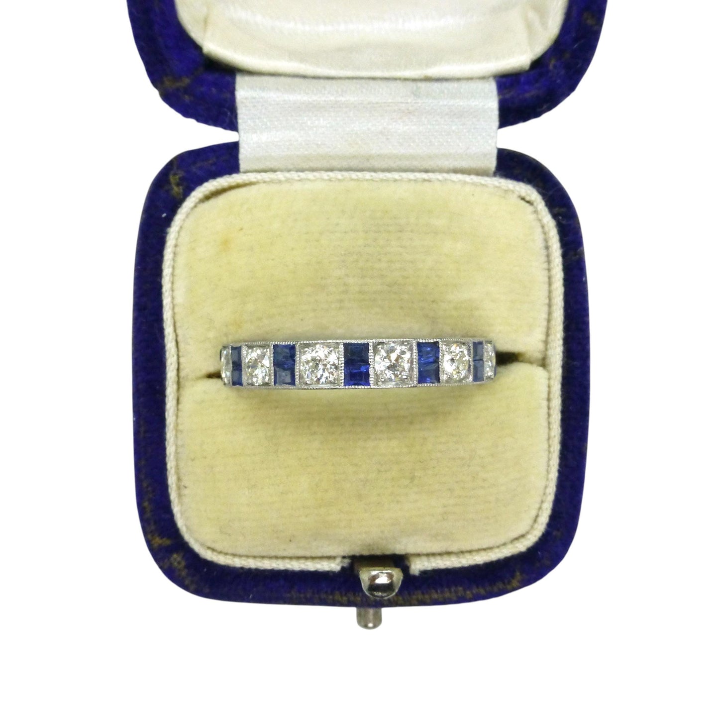 Antique Platinum old cut Diamond 1.30 carat & sapphire engraved full eternity wedding band 1920s.