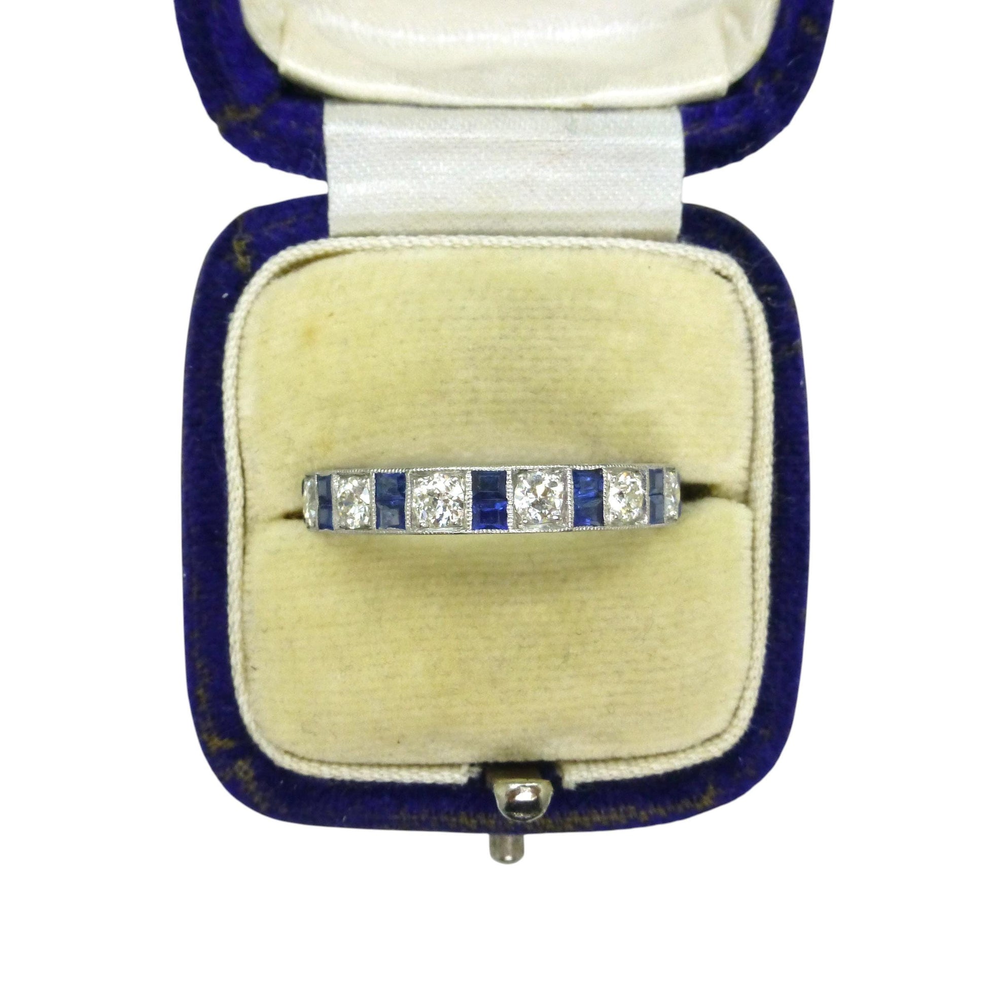 Antique Platinum old cut Diamond 1.30 carat & sapphire engraved full eternity wedding band 1920s.