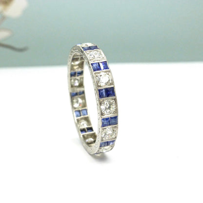 Antique Platinum old cut Diamond 1.30 carat & sapphire engraved full eternity wedding band 1920s.