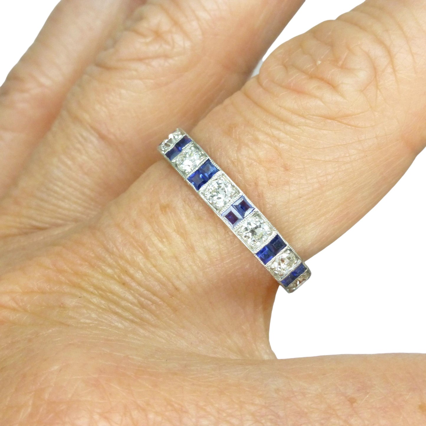 Antique Platinum old cut Diamond 1.30 carat & sapphire engraved full eternity wedding band 1920s.