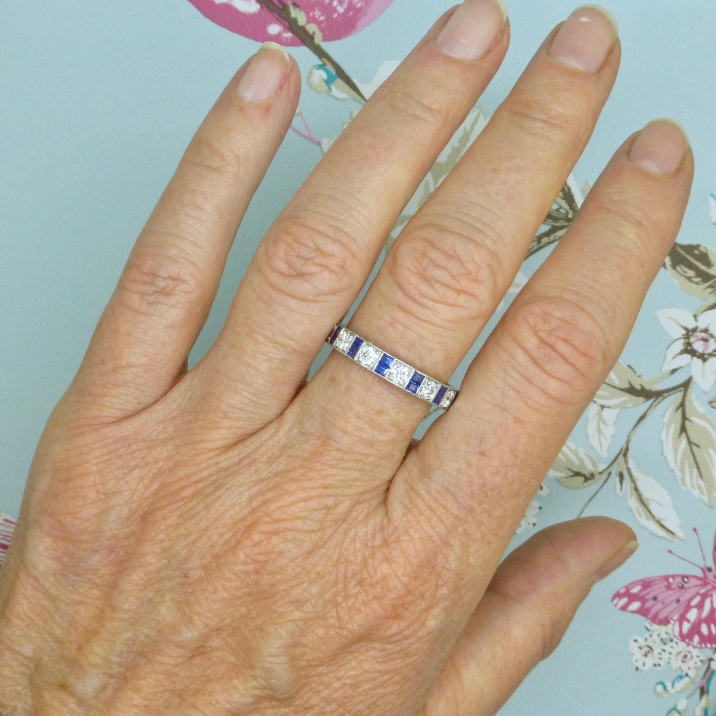Antique Platinum old cut Diamond 1.30 carat & sapphire engraved full eternity wedding band 1920s.
