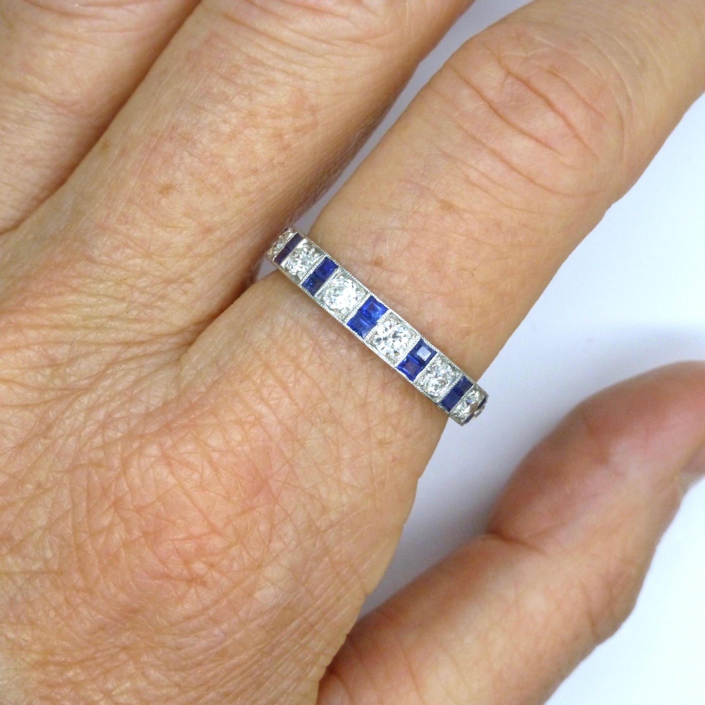Antique Platinum old cut Diamond 1.30 carat & sapphire engraved full eternity wedding band 1920s.