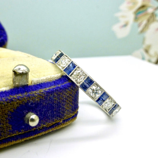 Antique Platinum old cut Diamond 1.30 carat & sapphire engraved full eternity wedding band 1920s.