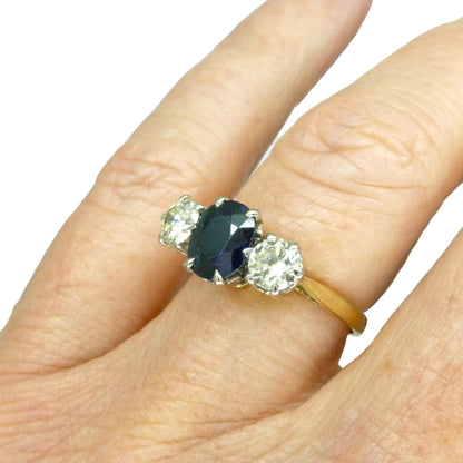 Vintage 18ct gold Natural Diamond & Sapphire three stone trilogy ring + Independent Valuation.