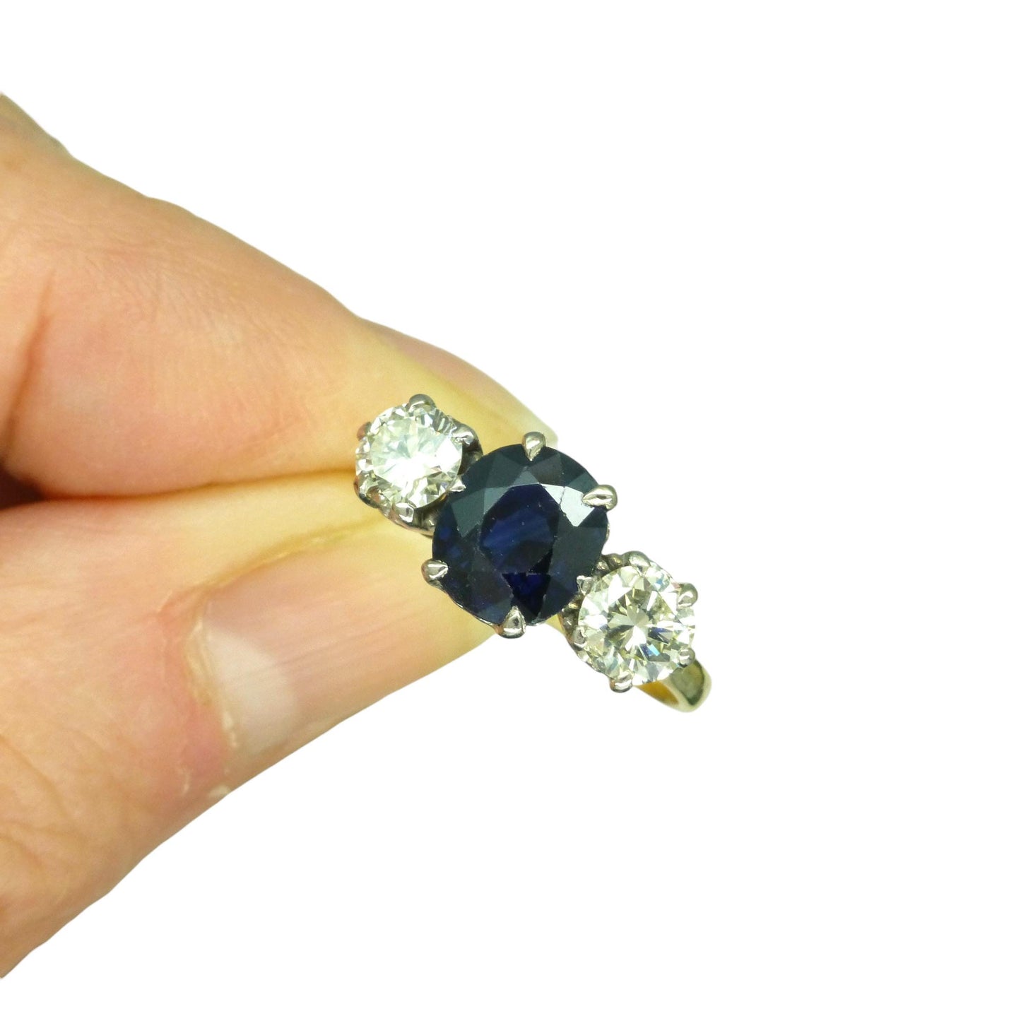 Vintage 18ct gold Natural Diamond & Sapphire three stone trilogy ring + Independent Valuation.