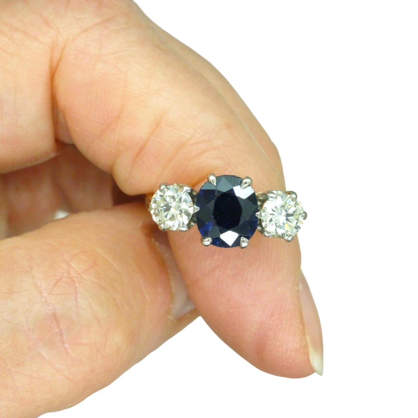 Vintage 18ct gold Natural Diamond & Sapphire three stone trilogy ring + Independent Valuation.
