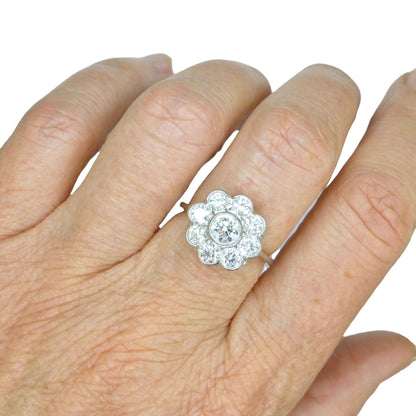 Vintage Platinum natural diamond cluster engagement ring 1.54 carat - Antique style Daisy ring