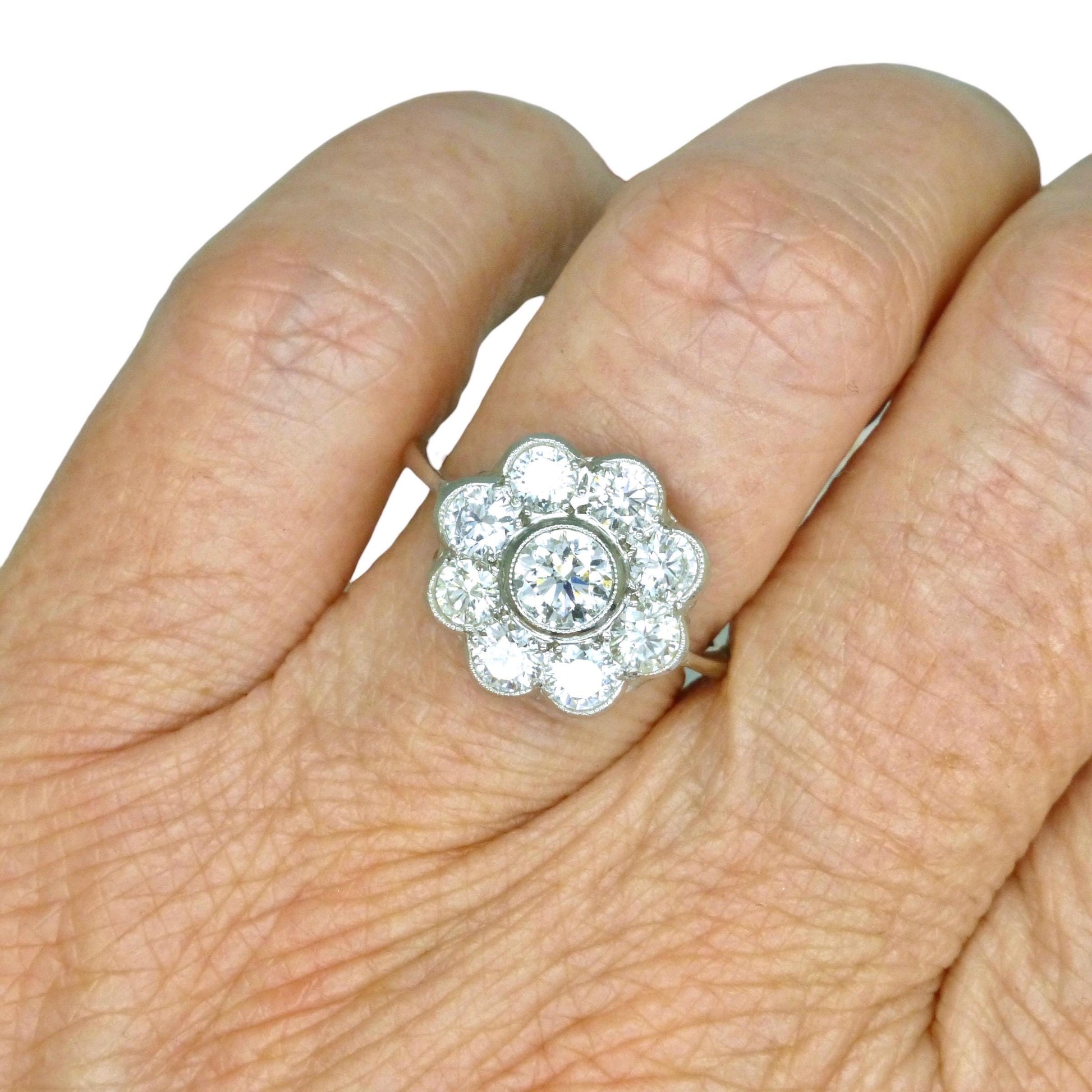 Vintage Platinum natural diamond cluster engagement ring 1.54 carat - Antique style Daisy ring
