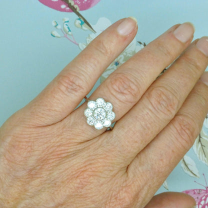 Vintage Platinum natural diamond cluster engagement ring 1.54 carat - Antique style Daisy ring