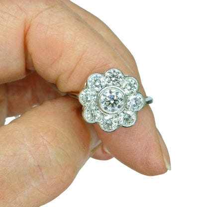 Vintage Platinum natural diamond cluster engagement ring 1.54 carat - Antique style Daisy ring