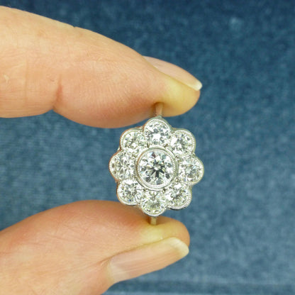 Vintage Platinum natural diamond cluster engagement ring 1.54 carat - Antique style Daisy ring