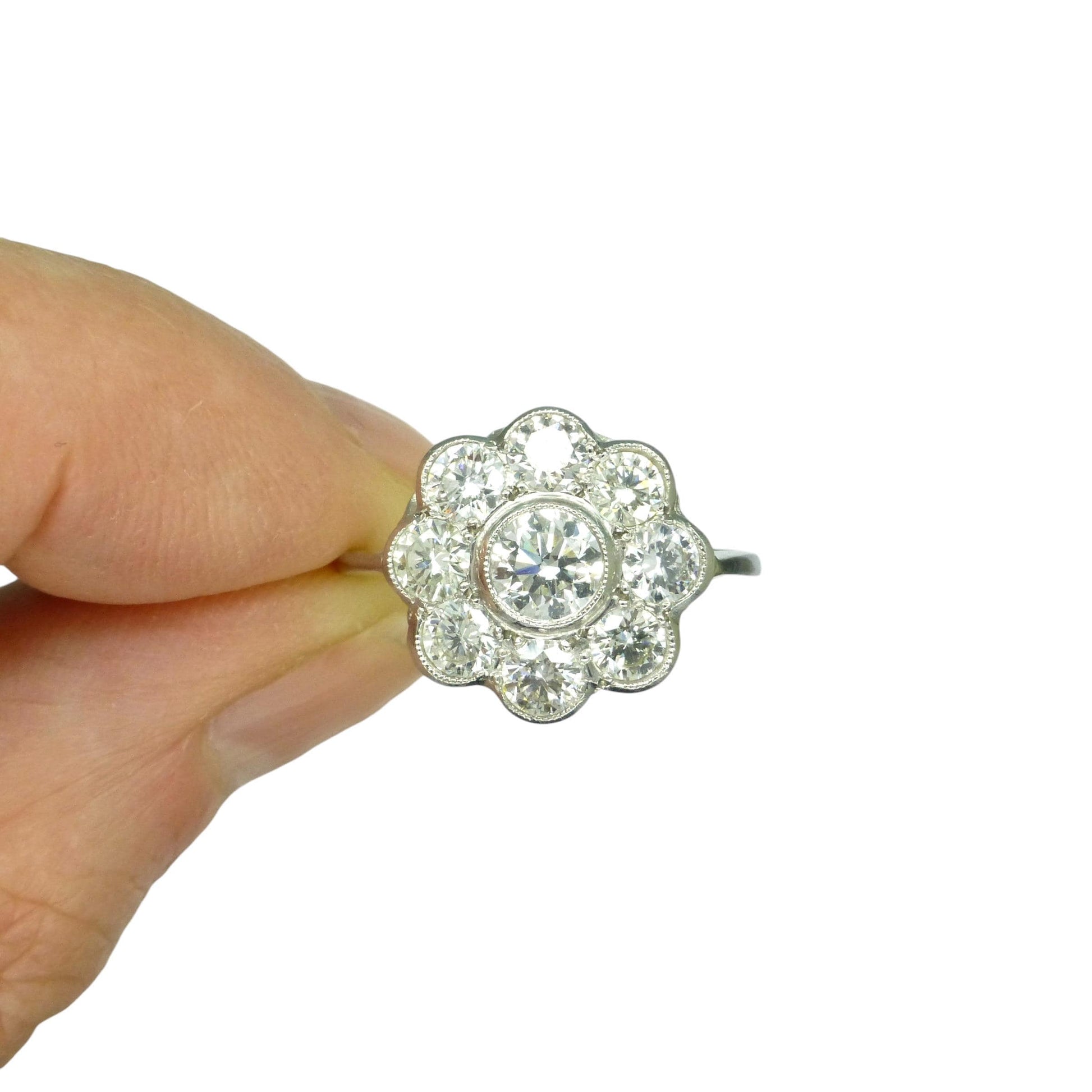 Vintage Platinum natural diamond cluster engagement ring 1.54 carat - Antique style Daisy ring