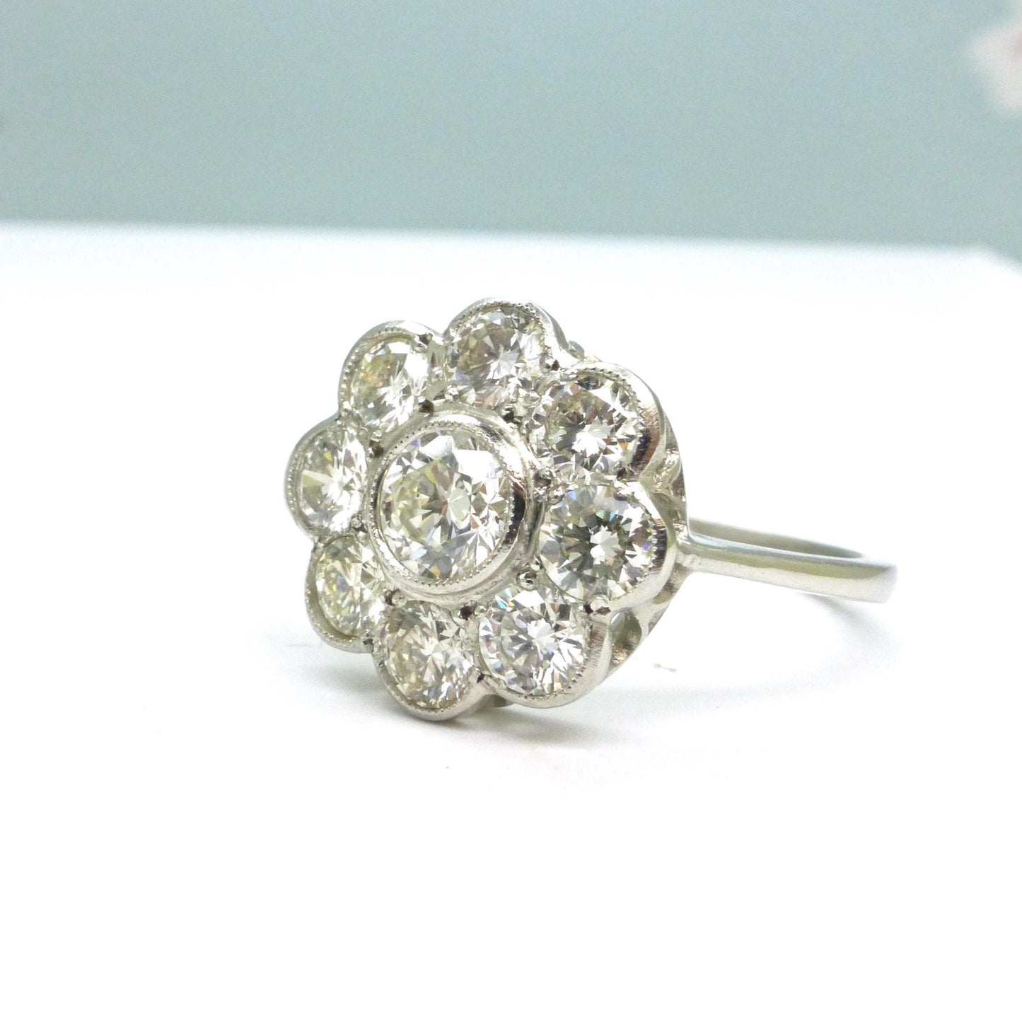 Vintage Platinum natural diamond cluster engagement ring 1.54 carat - Antique style Daisy ring