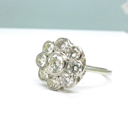 Vintage Platinum natural diamond cluster engagement ring 1.54 carat - Antique style Daisy ring