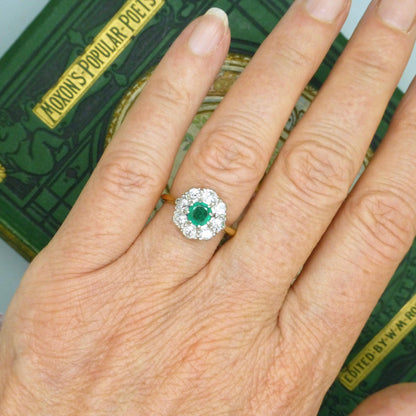 Antique Emerald & Diamond daisy cluster ring 18ct gold - Platinum ~ Independent Valuation