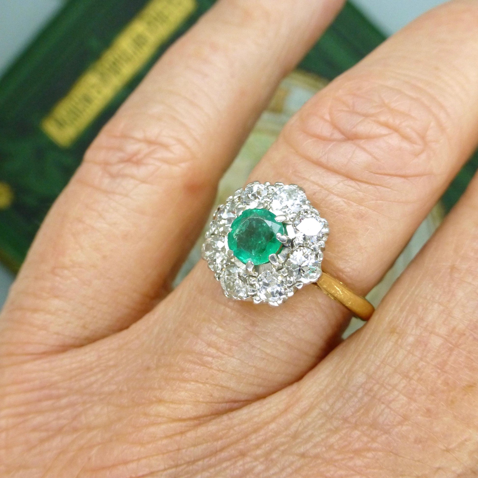 Antique Emerald & Diamond daisy cluster ring 18ct gold - Platinum ~ Independent Valuation