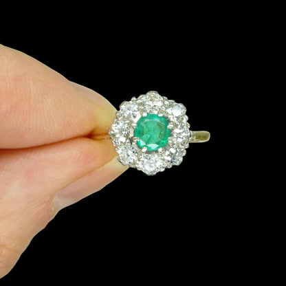 Antique Emerald & Diamond daisy cluster ring 18ct gold - Platinum ~ Independent Valuation