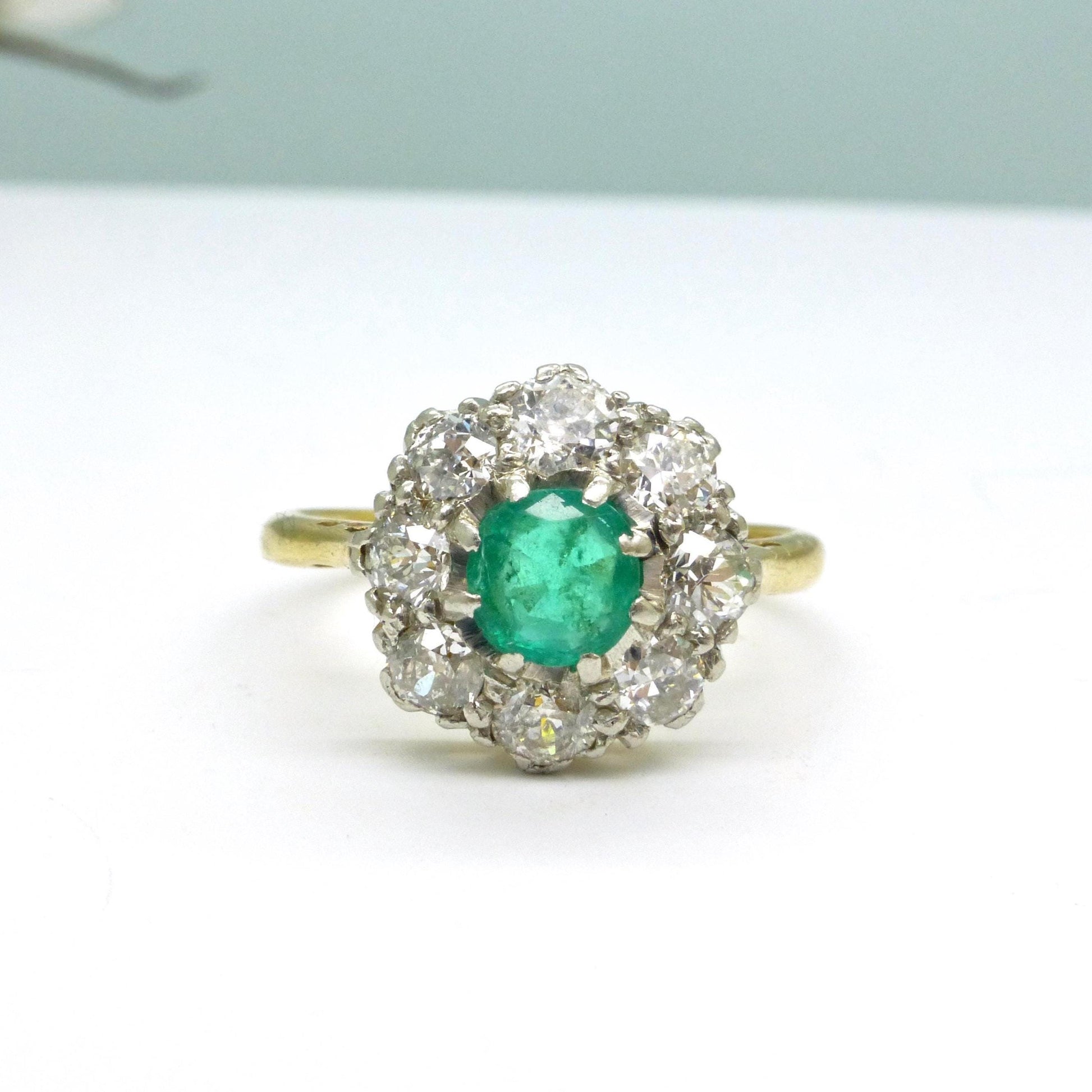 Antique Emerald & Diamond daisy cluster ring 18ct gold - Platinum ~ Independent Valuation