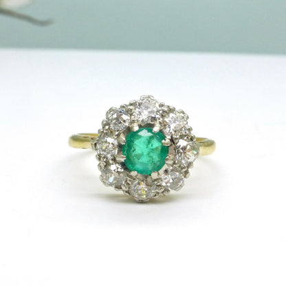 Antique Emerald & Diamond daisy cluster ring 18ct gold - Platinum ~ Independent Valuation