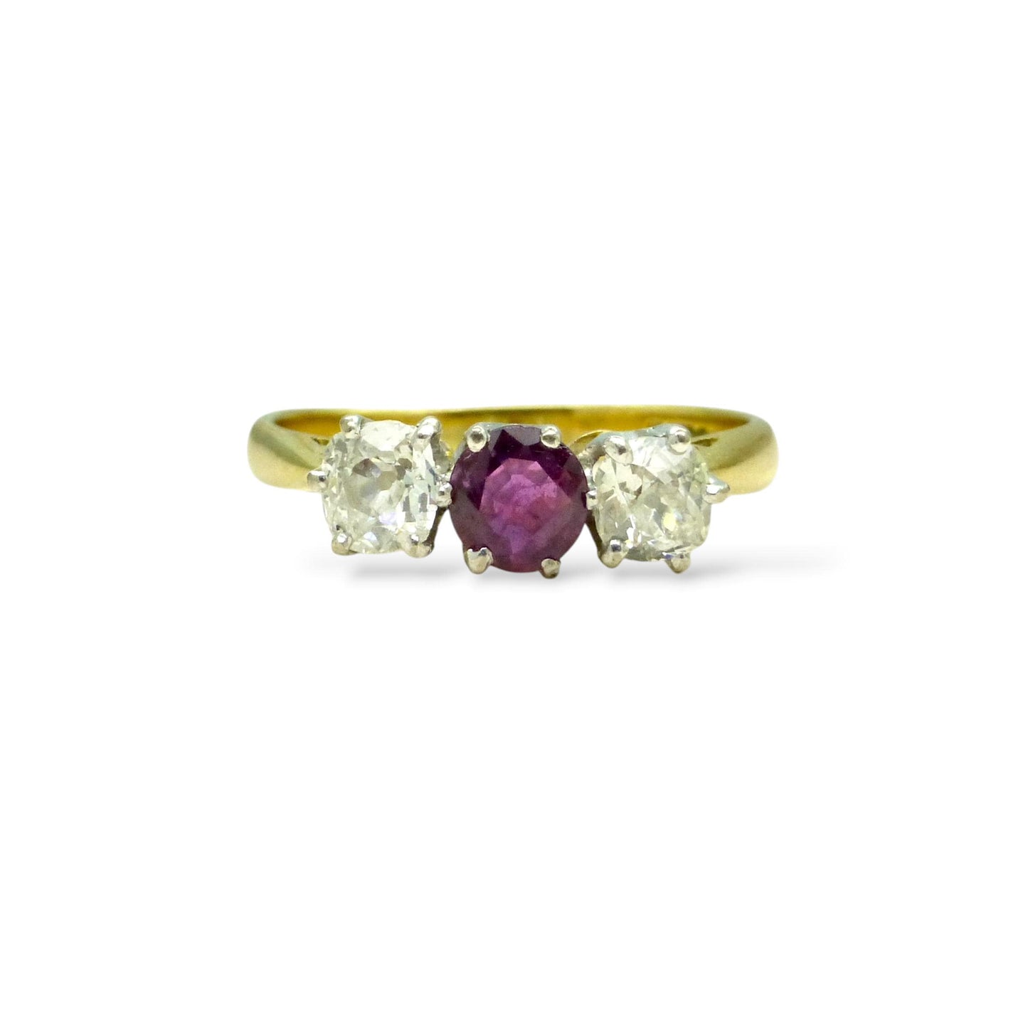 Vintage 18ct ruby & old mine cut diamond three stone trilogy ring ~ engagement ~ anniversary