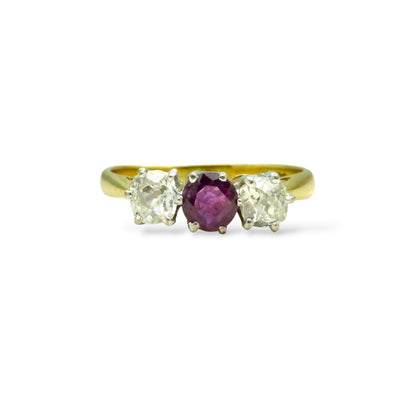 Vintage 18ct ruby & old mine cut diamond three stone trilogy ring ~ engagement ~ anniversary