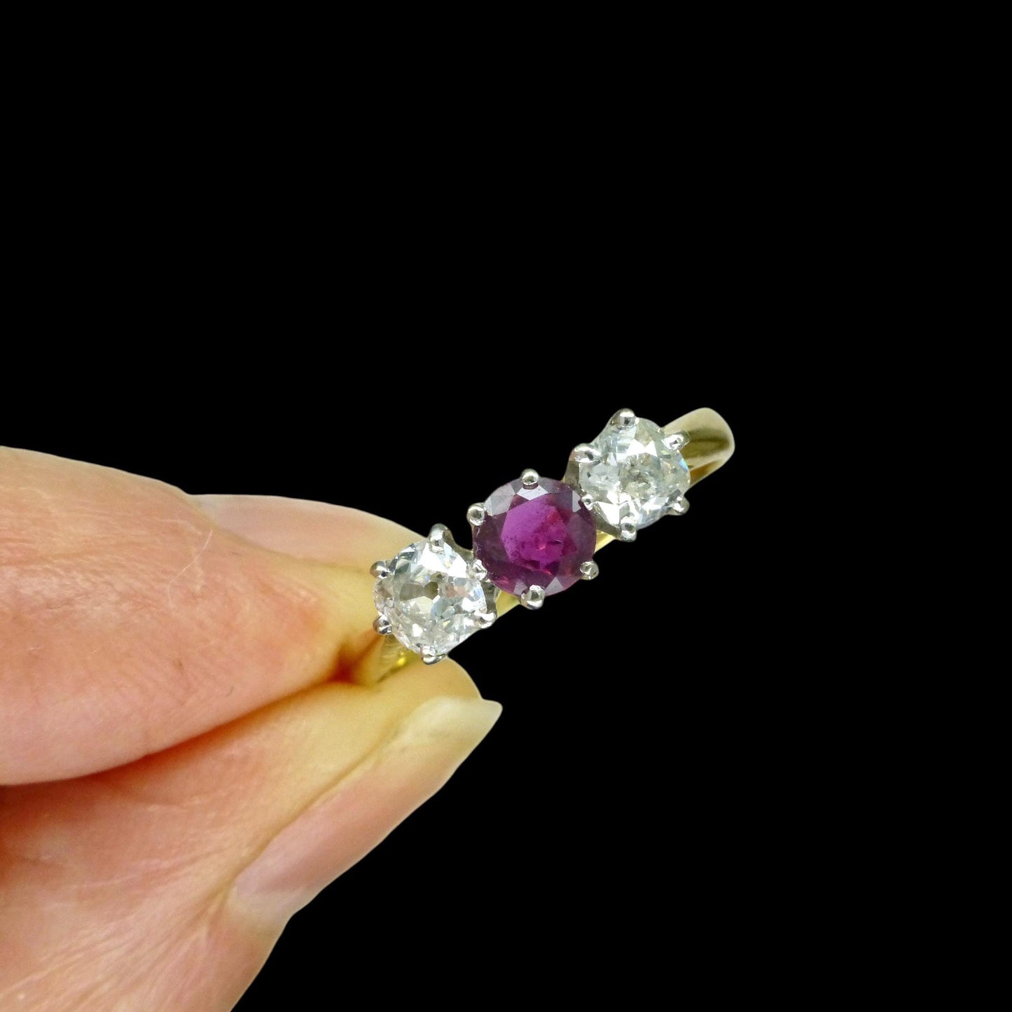 Vintage 18ct ruby & old mine cut diamond three stone trilogy ring ~ engagement ~ anniversary