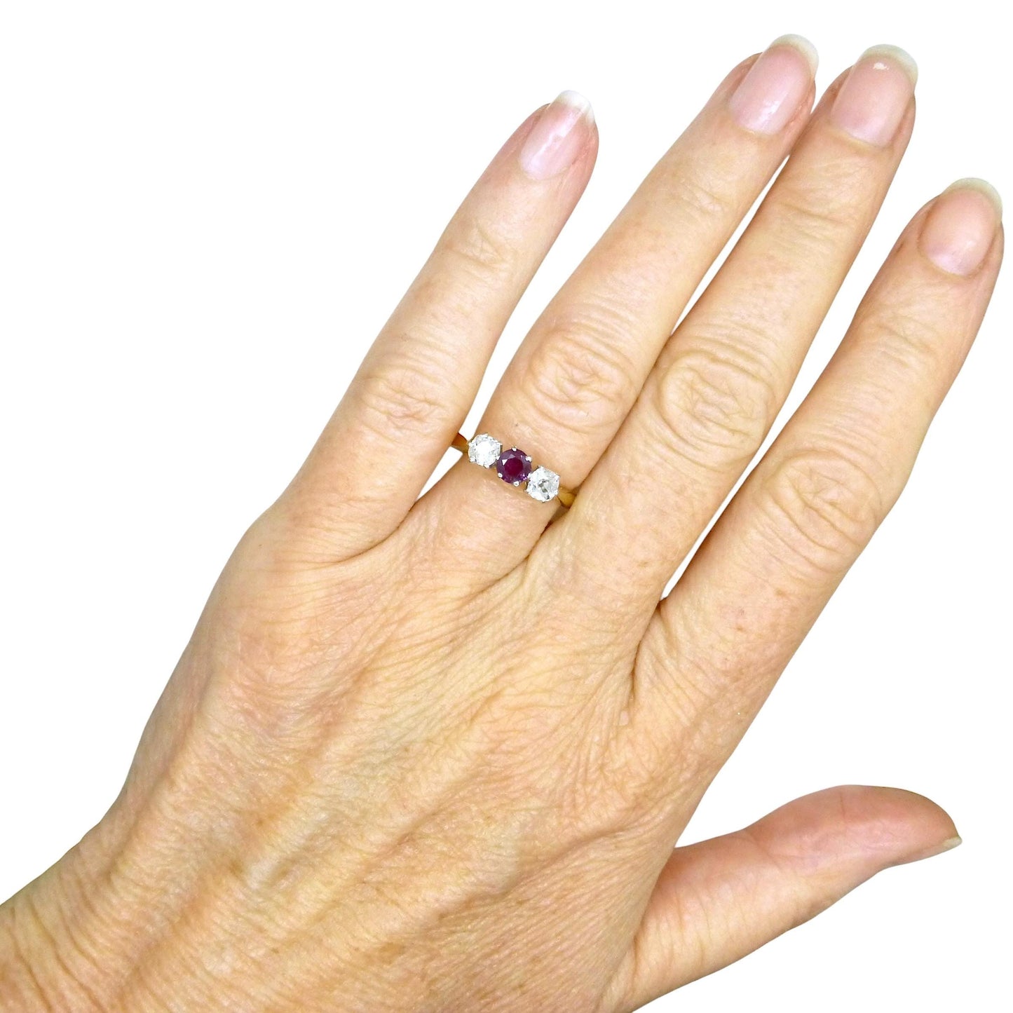 Vintage 18ct ruby & old mine cut diamond three stone trilogy ring ~ engagement ~ anniversary