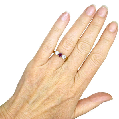 Vintage 18ct ruby & old mine cut diamond three stone trilogy ring ~ engagement ~ anniversary
