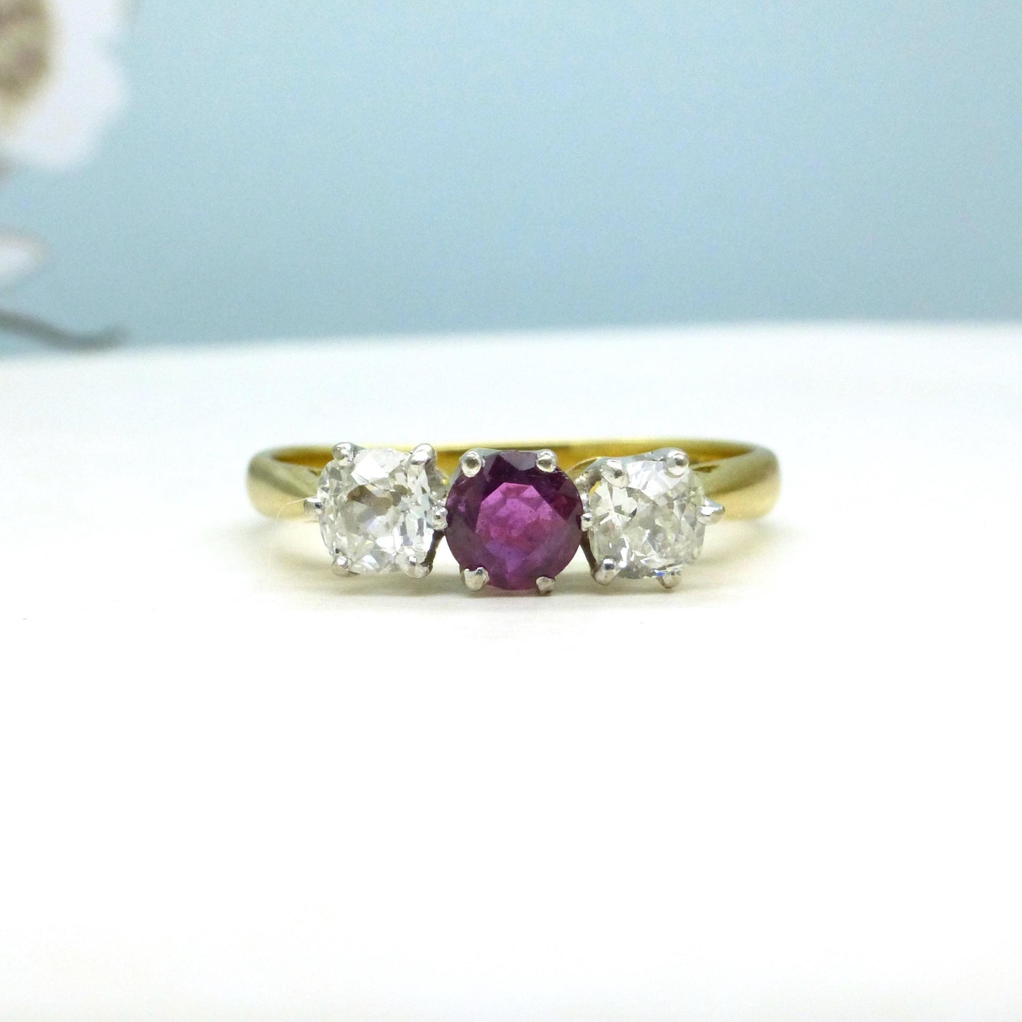 Vintage 18ct ruby & old mine cut diamond three stone trilogy ring ~ engagement ~ anniversary