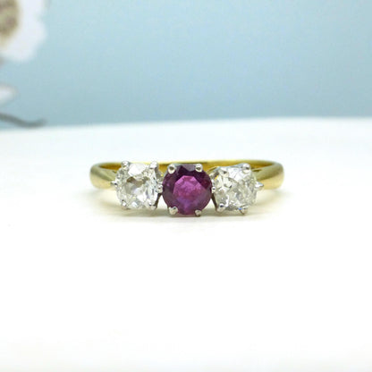 Vintage 18ct ruby & old mine cut diamond three stone trilogy ring ~ engagement ~ anniversary