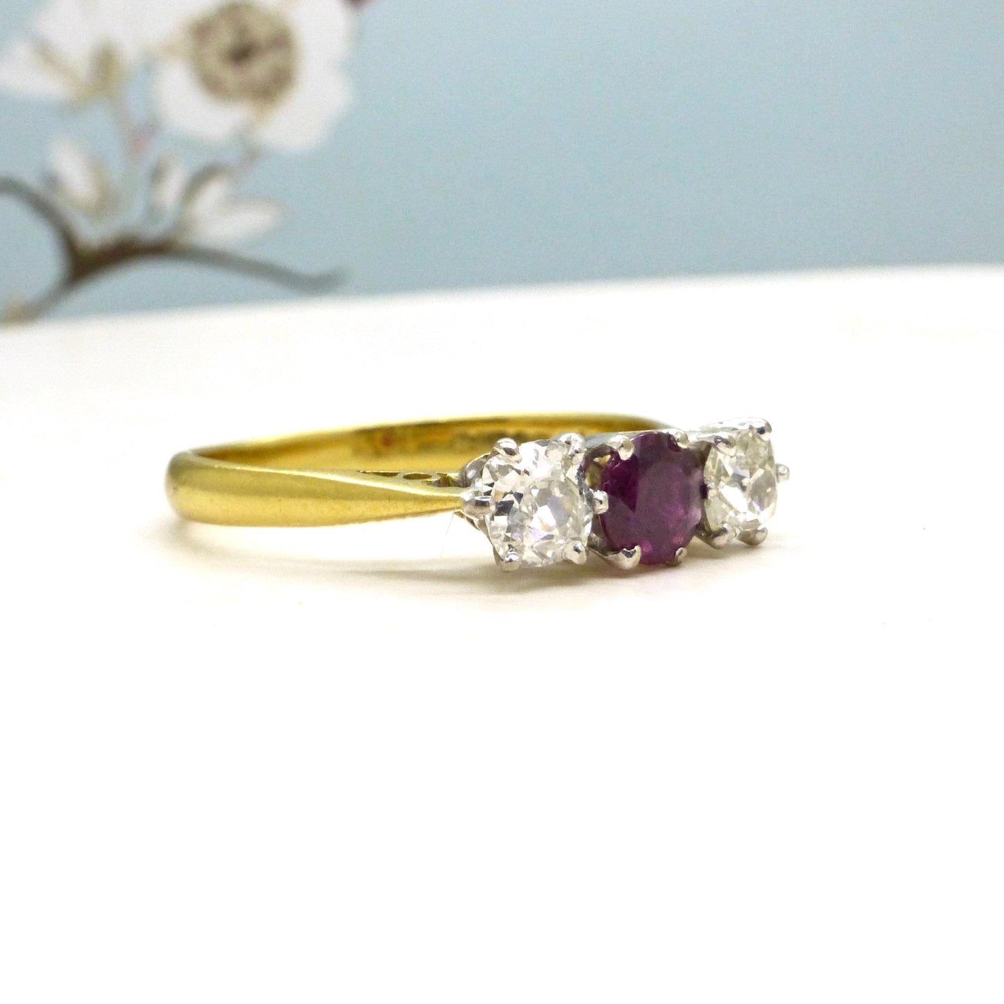 Vintage 18ct ruby & old mine cut diamond three stone trilogy ring ~ engagement ~ anniversary