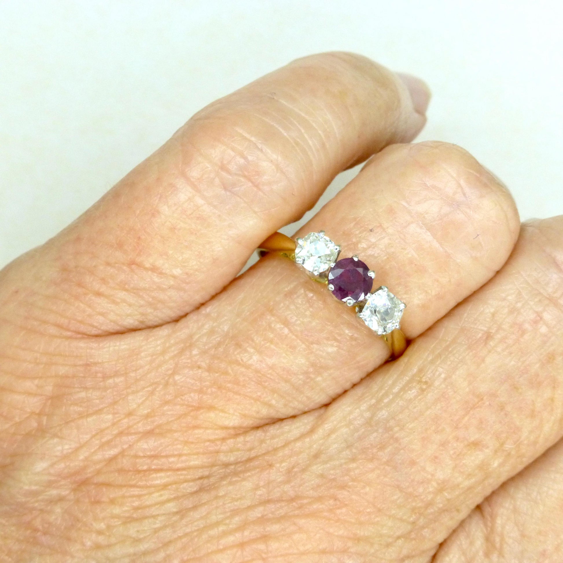 Vintage 18ct ruby & old mine cut diamond three stone trilogy ring ~ engagement ~ anniversary