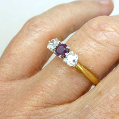 Vintage 18ct ruby & old mine cut diamond three stone trilogy ring ~ engagement ~ anniversary