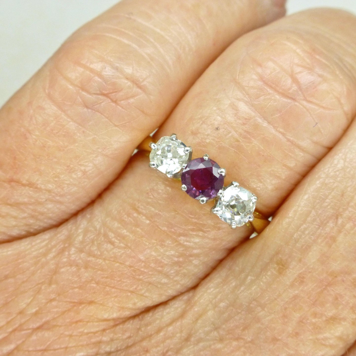 Vintage 18ct ruby & old mine cut diamond three stone trilogy ring ~ engagement ~ anniversary