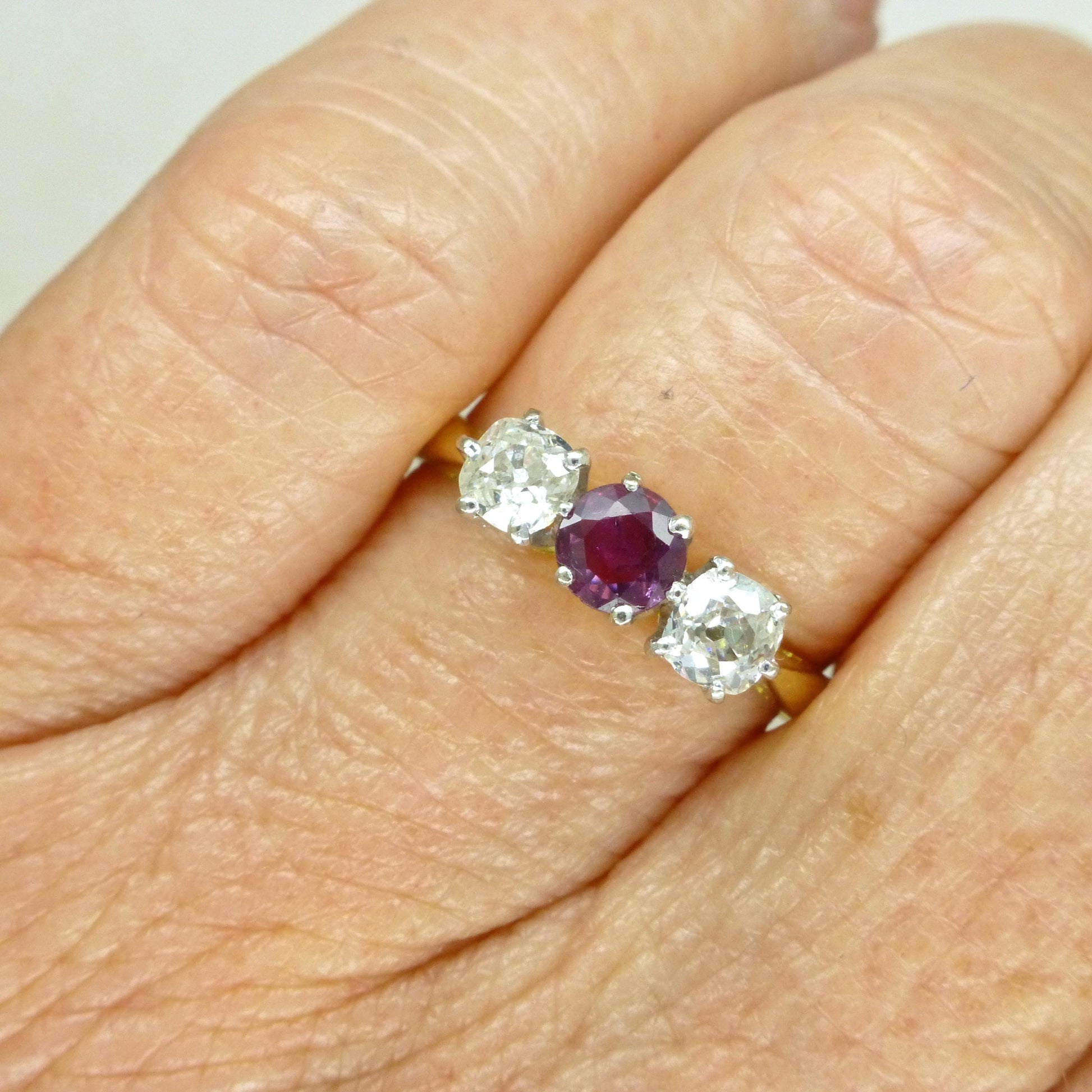 Vintage 18ct ruby & old mine cut diamond three stone trilogy ring ~ engagement ~ anniversary