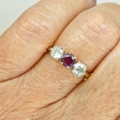 Vintage 18ct ruby & old mine cut diamond three stone trilogy ring ~ engagement ~ anniversary
