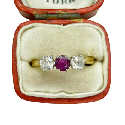 Vintage 18ct ruby & old mine cut diamond three stone trilogy ring ~ engagement ~ anniversary