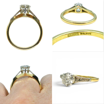 Antique 18ct Platinum old transitional cut diamond solitaire engagement ring 0.66ct 1920's