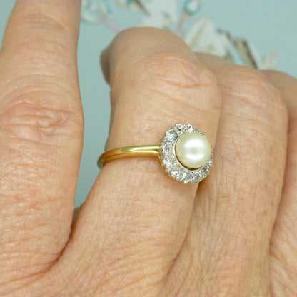 Antique Edwardian Pearl Diamond Daisy Cluster Ring - 18ct Gold & Platinum - Engagement - Anniversary