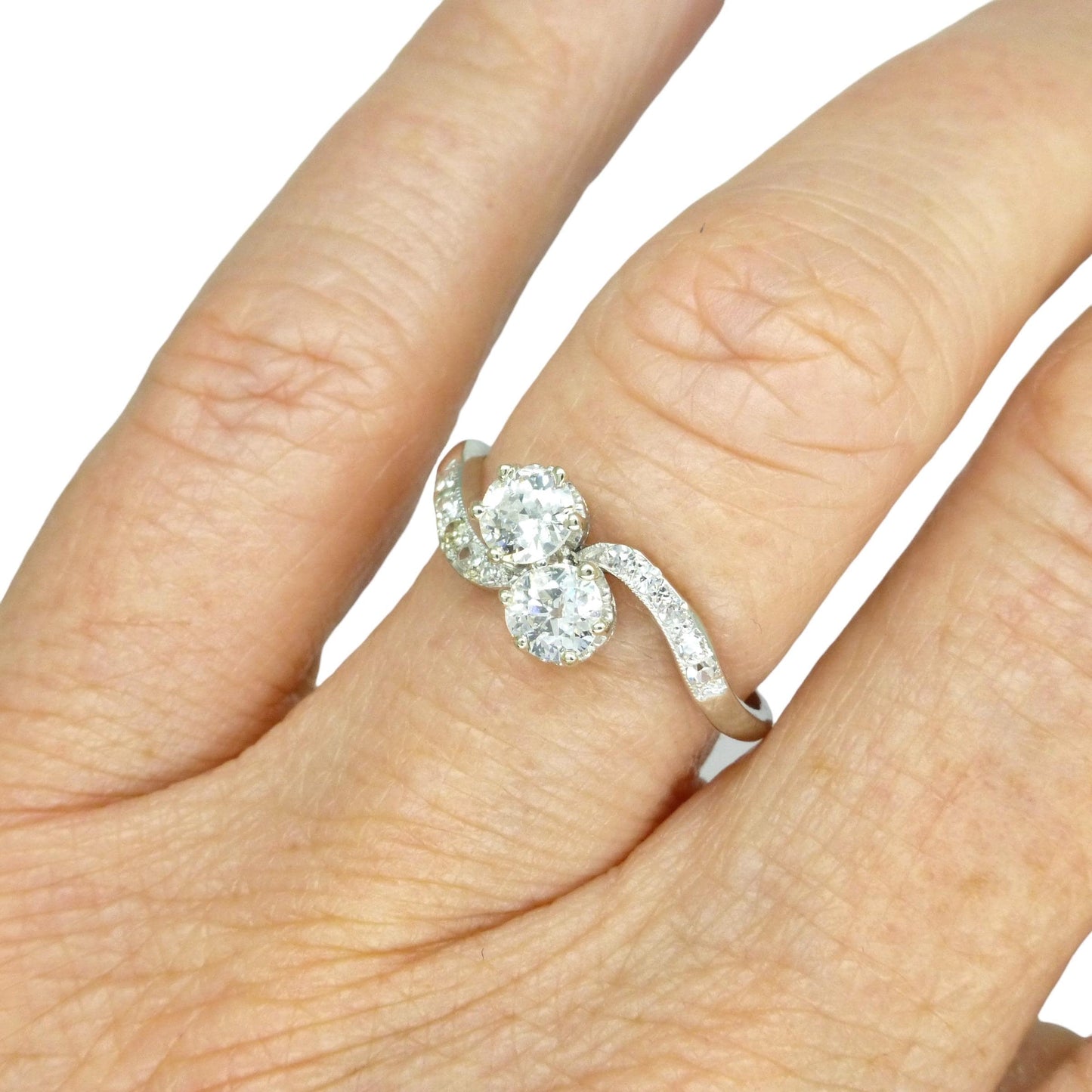 Antique Edwardian old cut natural diamond Toi et Moi ring - 18ct Platinum - 0.60ct c1910s