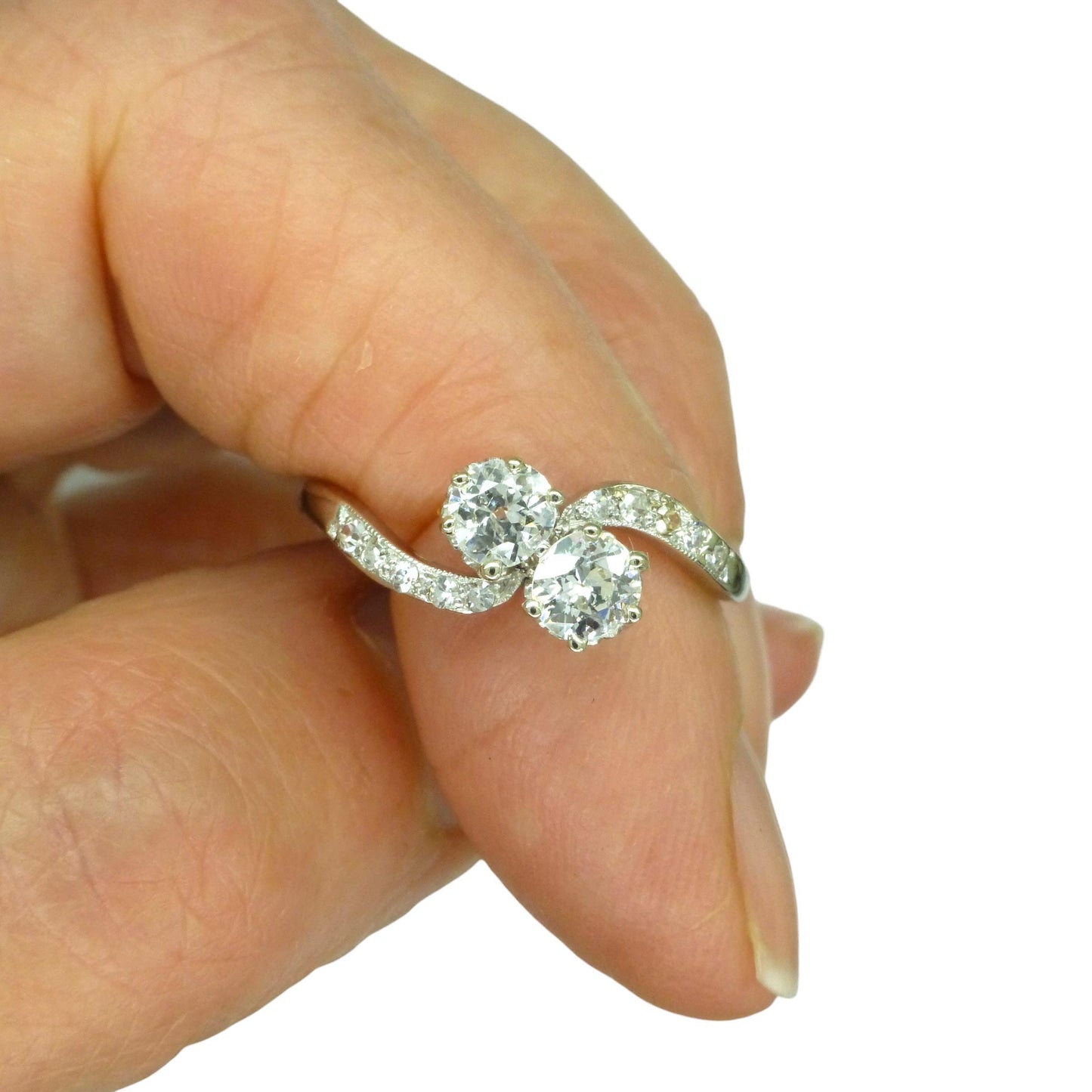 Antique Edwardian old cut natural diamond Toi et Moi ring - 18ct Platinum - 0.60ct c1910s