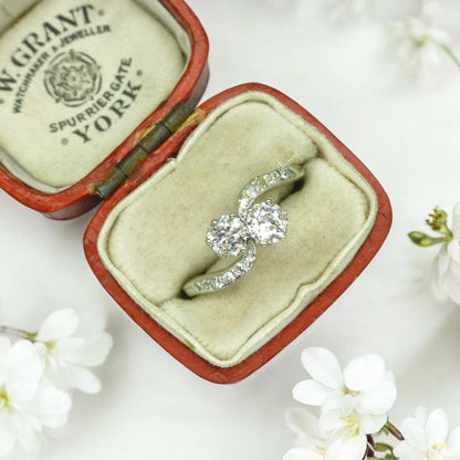 Antique Edwardian old cut natural diamond Toi et Moi ring - 18ct Platinum - 0.60ct c1910s
