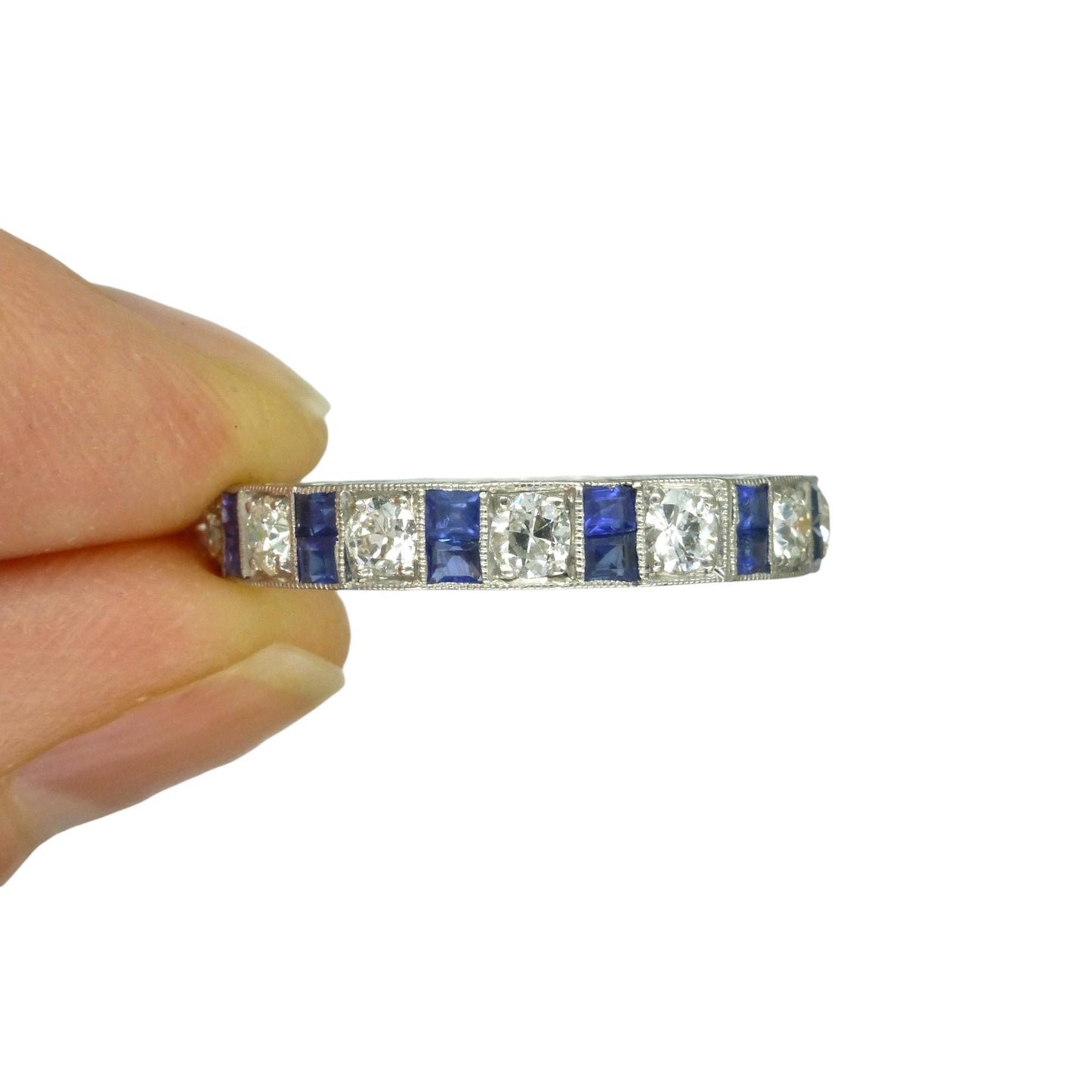 Antique Platinum old cut Diamond 1.30 carat & sapphire engraved full eternity wedding band 1920s.