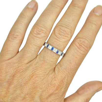 Antique Platinum old cut Diamond 1.30 carat & sapphire engraved full eternity wedding band 1920s.